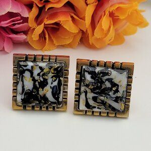 Mid Century Gold Tone Multicolor Square Cufflinks 22mm Murano Glass Style Art